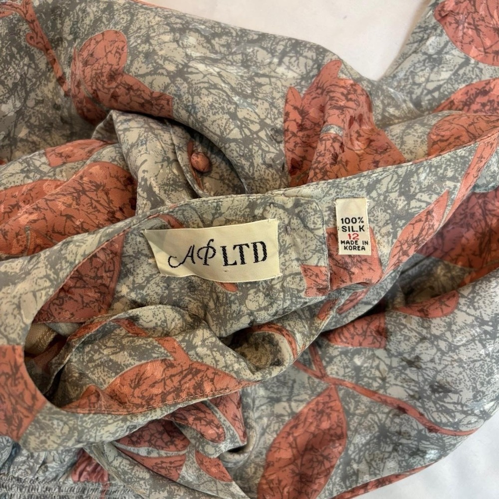 Silk Pink and Gray Floral Print Dress by AP Ltd. VTG 80s Puff Sleeves Retro - Picture 5 of 8